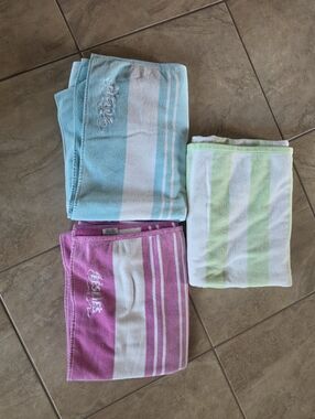 Leslie Striped Beach Towels Trio - Aqua, Pink & Lime Pastel & Brights EUC